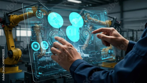 Hands Interacting With Advanced Digital Control Interface Illuminating Robotic Arms in Factory
