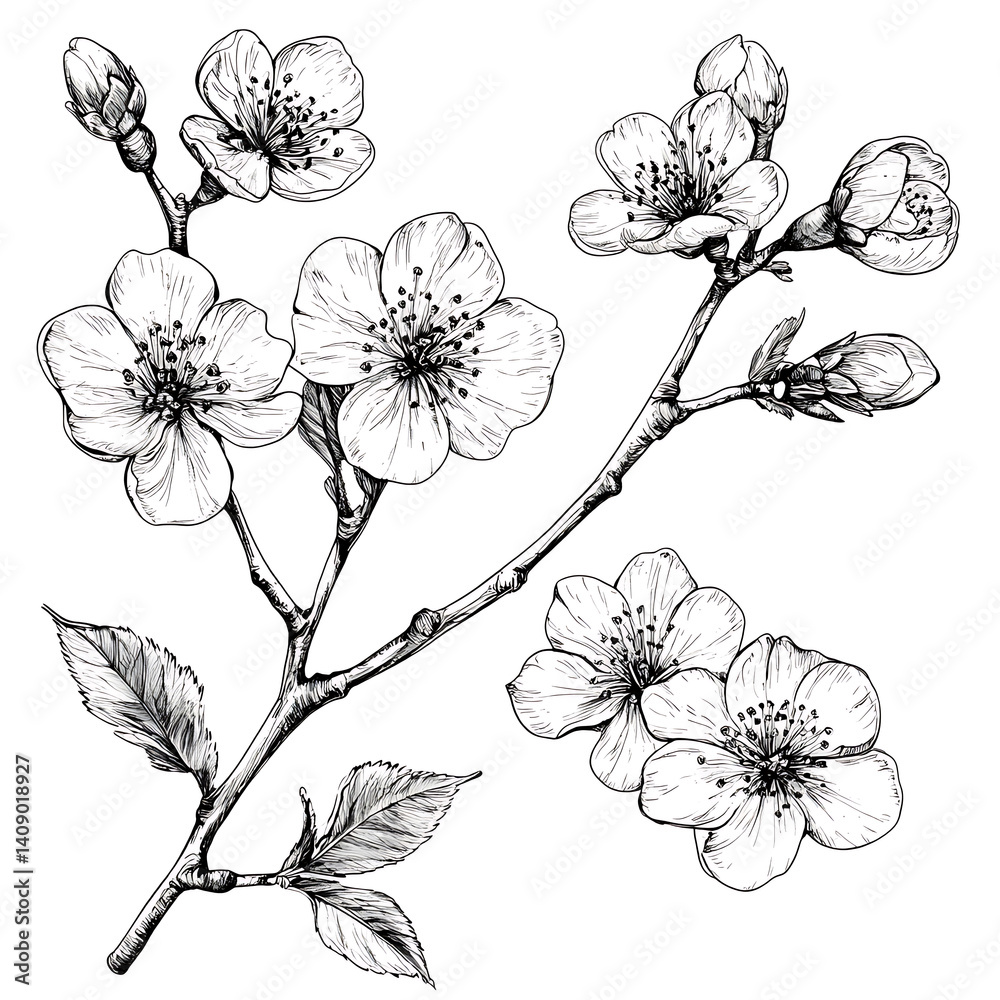 illustrations of various trees, leaves, grasses, and botanical elements on white background.