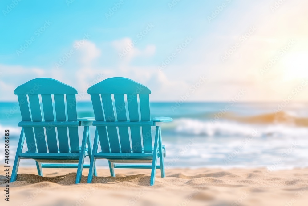 Two chairs on a beach, overlooking the ocean waves and sandy shore. Two chairs on a beach, overlooking the ocean waves and sandy shore.