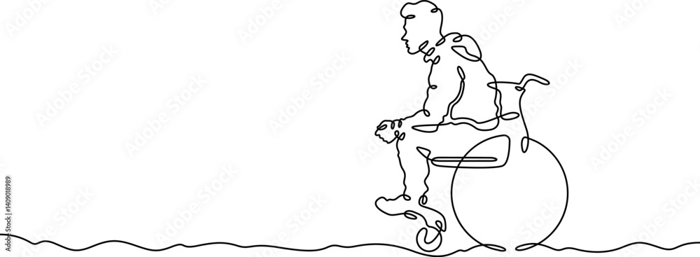 Obraz premium Continuous one line drawing man sitting in a wheelchair. Disabled person riding in a wheelchair