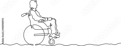 Continuous one line drawing man sitting in a wheelchair. Disabled person riding in a wheelchair
