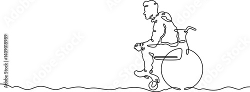 Continuous one line drawing man sitting in a wheelchair. Disabled person riding in a wheelchair