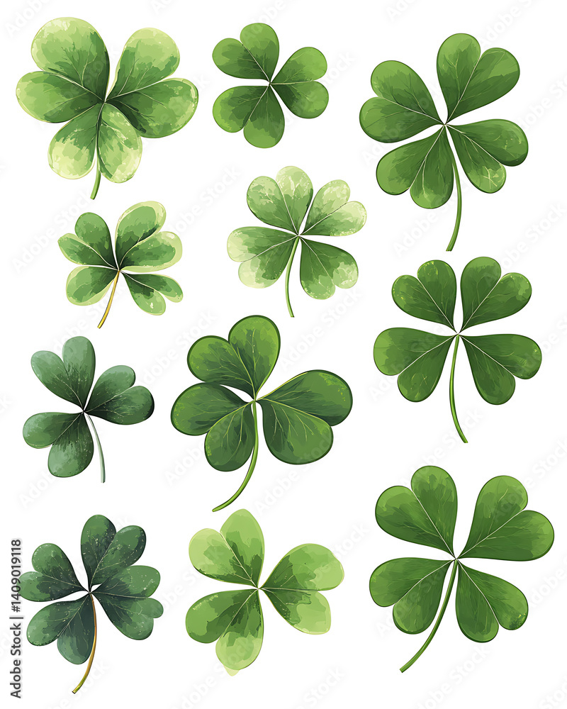 illustrations of various trees, leaves, grasses, and botanical elements on white background.