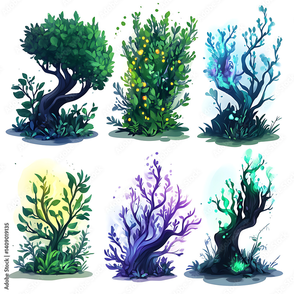 illustrations of various trees, leaves, grasses, and botanical elements on white background.