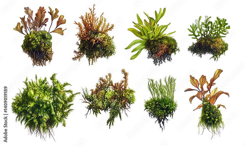 illustrations of various trees, leaves, grasses, and botanical elements on white background.