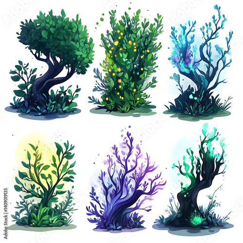 illustrations of various trees, leaves, grasses, and botanical elements on white background.