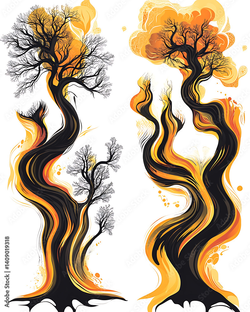 illustrations of various trees, leaves, grasses, and botanical elements on white background.
