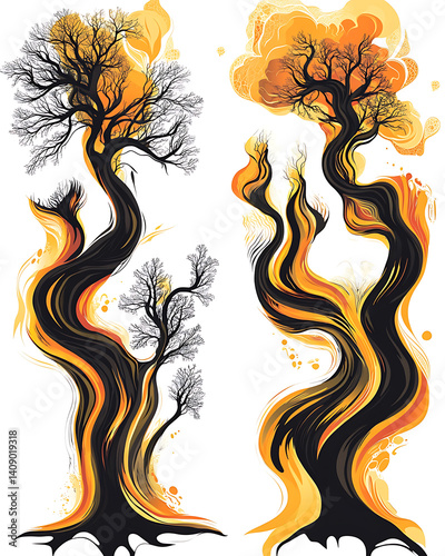 Obraz na płótnie illustrations of various trees, leaves, grasses, and botanical elements on white background. w salonie
