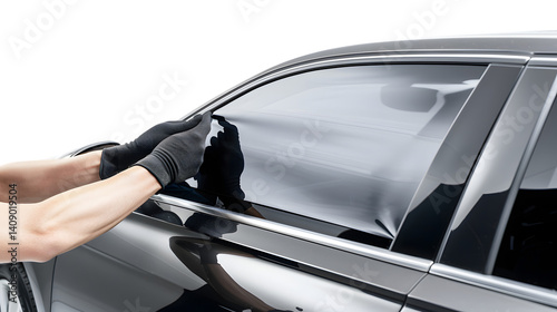 Professional Application of Tinting Foil on Car Window in Auto Service Shop