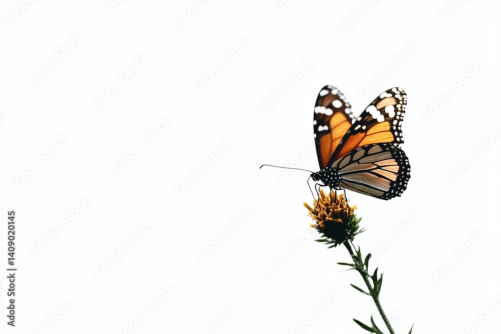 A beautiful butterfly perched on the tip of a flower, isolated against a white background A beautiful butterfly perched on the tip of a flower, isolated against a white background