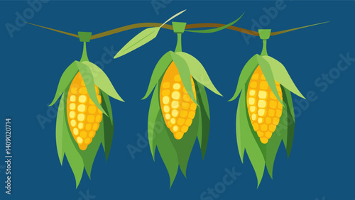 The few remaining ears of corn hung limp their kernels shriveled and sunbaked.. Vector illustration
