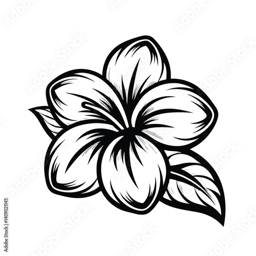 Plumeria Flower Outline Black and White Silhouette with Tropical Petals and Leaves