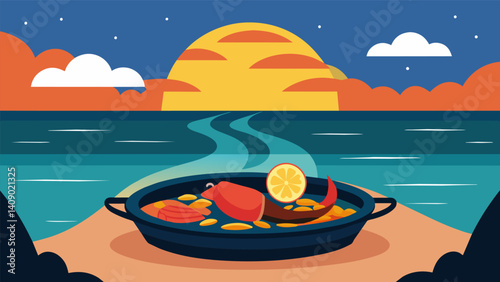 As the sun sets over the horizon the flavors of the seafood paella become even more intensely rich and flavorful thanks to the fresh ocean breeze.. Vector illustration