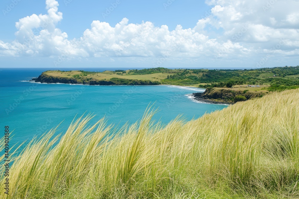 Grassy area overlooking a serene beach and calm body of water. Grassy area overlooking a serene beach and calm body of water.