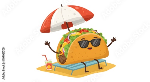 Cartoon Taco Relaxing on Beach Under Umbrella with Drink