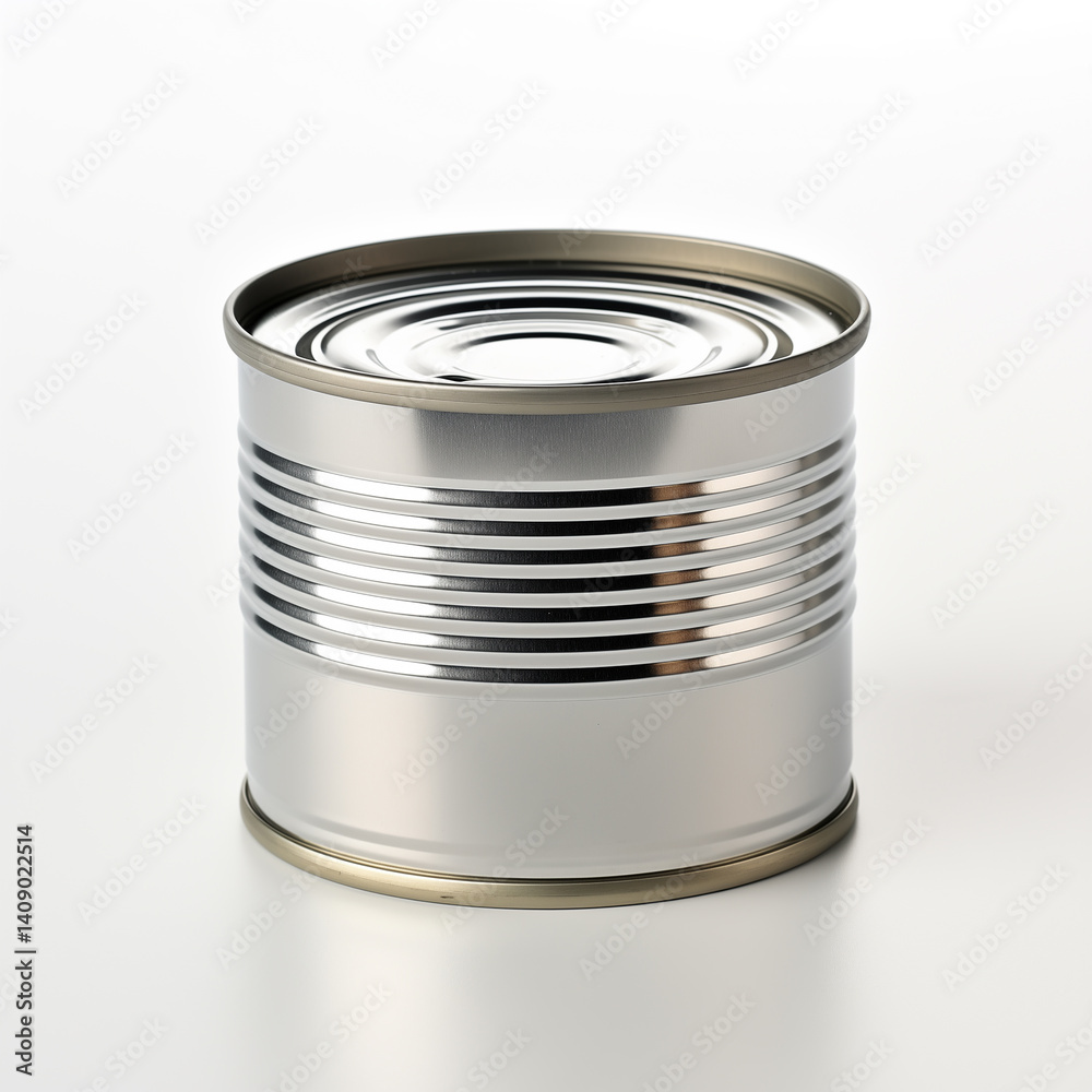 Shiny Metal Food Can with Ribbed Body Isolated on White Background Shiny Metal Food Can with Ribbed Body Isolated on White Background