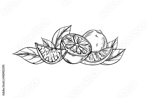 Monochrome lemon or lime with leaves vector illustration painted by black inks. Hand drawn summer citrus fruit outline etching drawing for vitamin packaging, juice bars, and wellness spaces decor