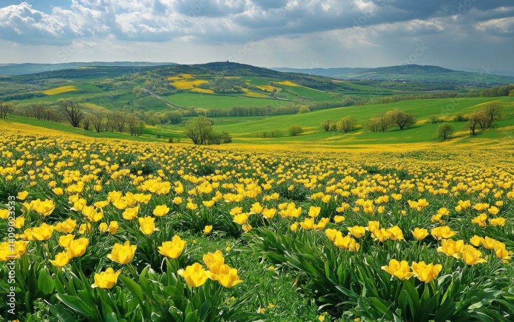 Vibrant yellow flowers bloom amidst lush green grass and rolling hills, Hello Summer background. Vibrant yellow flowers bloom amidst lush green grass and rolling hills, Hello Summer background.