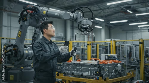 Engineer Operating Advanced Robotic Arm for Battery Assembly in Modern Industrial Factory