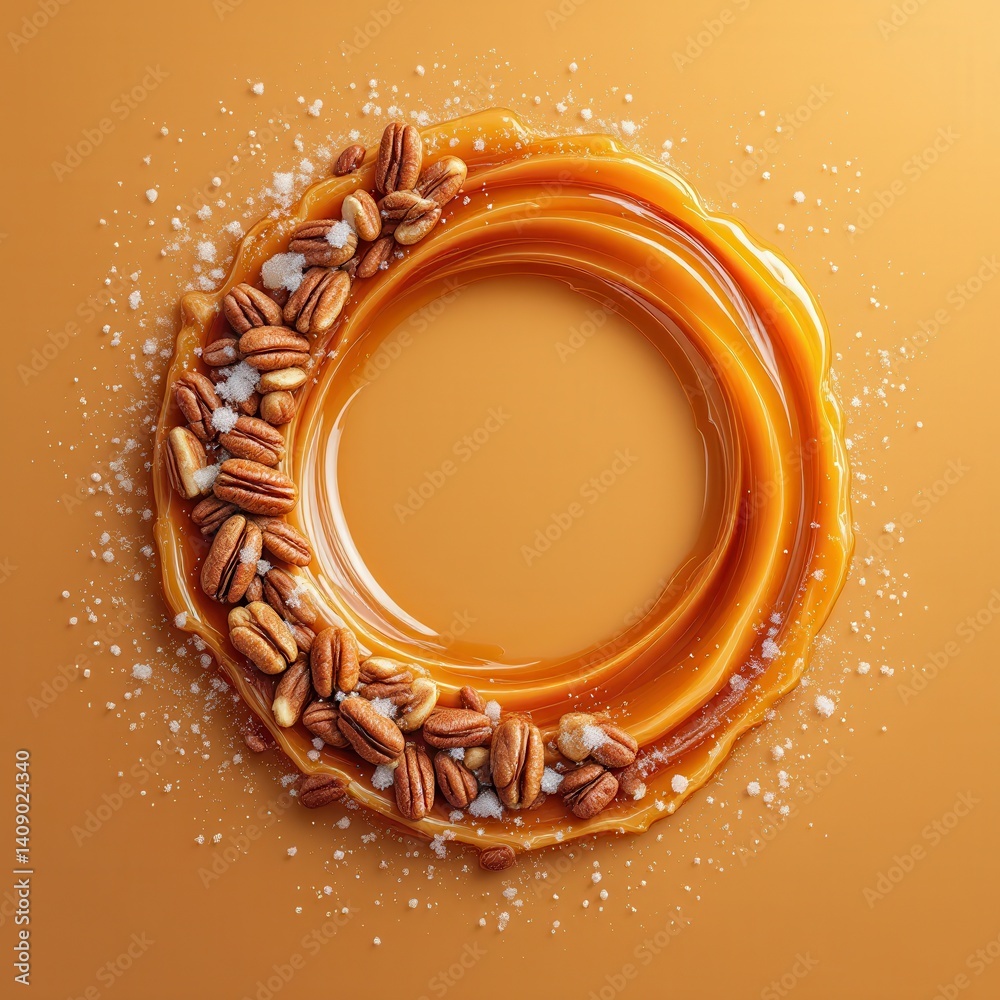 A circular arrangement of caramel sauce surrounded by pecans and sprinkled with sugar, creating an inviting dessert presentation.