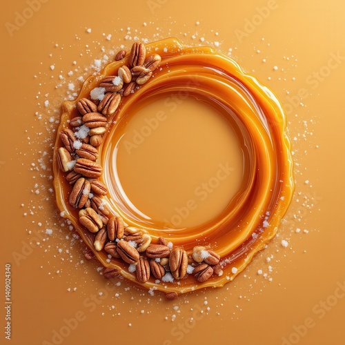 Obraz na płótnie A circular arrangement of caramel sauce surrounded by pecans and sprinkled with sugar, creating an inviting dessert presentation. w salonie