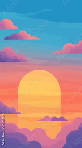 Vibrant Sunset Sky with Colorful Clouds at Dusk in Vector Illustration