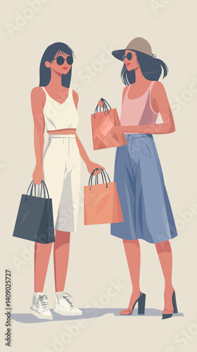Fashionable Young Women Shopping with Stylish Outfits and Bags Vector Illustration