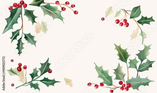 Wallpaper Mural Watercolor Holly Branches and Berries Christmas Card Design with Minimalist Style Torontodigital.ca