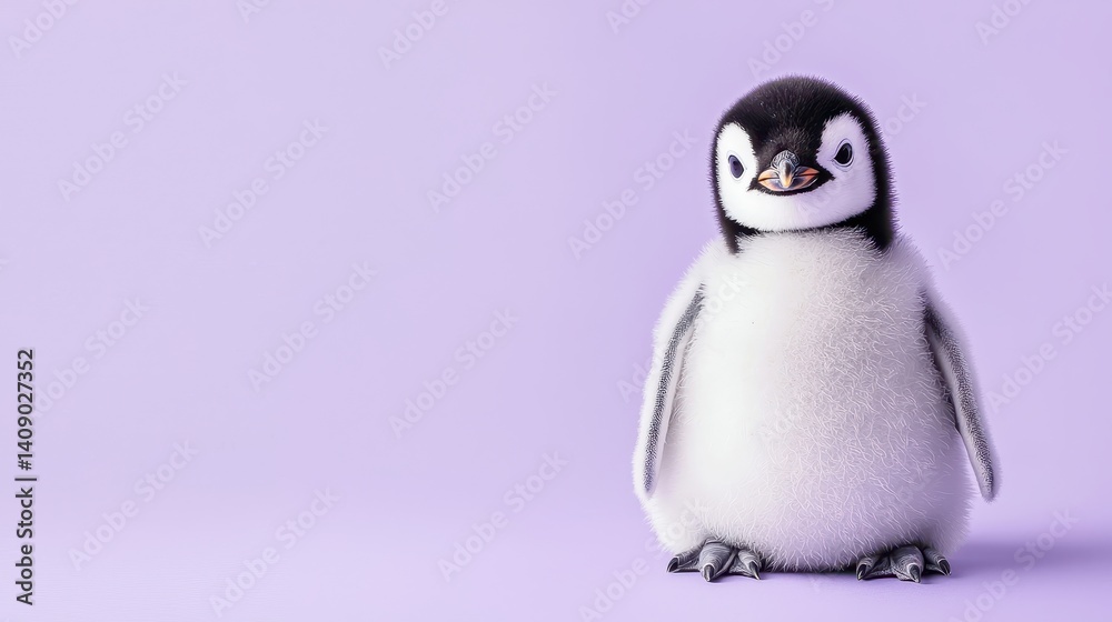 Fototapeta premium Cute Baby Penguin Standing Against a Soft Purple Background