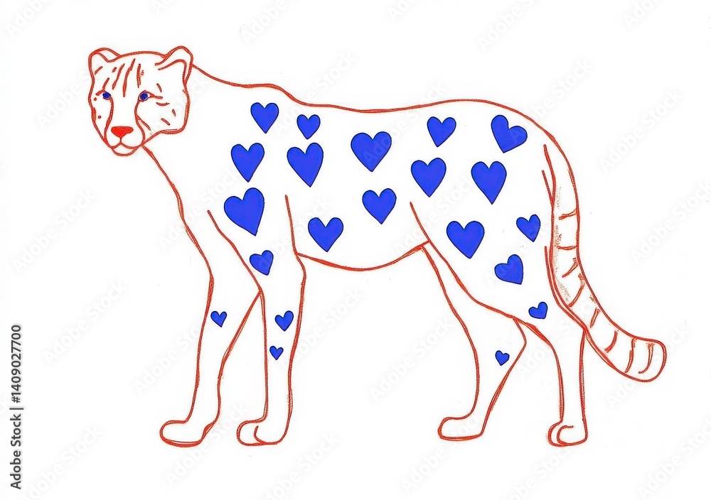 A simple line drawing of an elegant cheetah with blue hearts on. A simple line drawing of an elegant cheetah with blue hearts on.