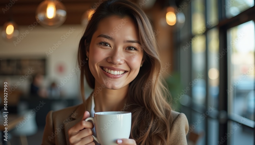 Smiling woman holding coffee cup in modern café setting with warm lighting Smiling woman holding coffee cup in modern café setting with warm lighting