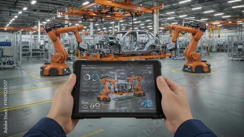 Hands Operating Tablet in a High-Tech Factory with Robotic Arms and Advanced Automation Systems