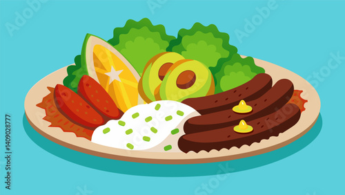 Generous slices of carne asada chorizo and morcilla are arranged on a bed of beans and rice surrounded by yuca and avocado offering a taste of Colombia in every bite.. Vector illustration