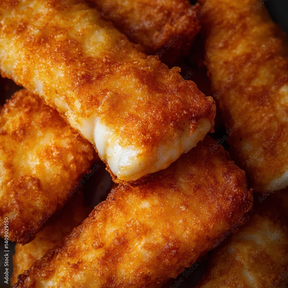 Crispy Golden Fried Fish Fillets on Dark Plate Arrangement Crispy Golden Fried Fish Fillets on Dark Plate Arrangement