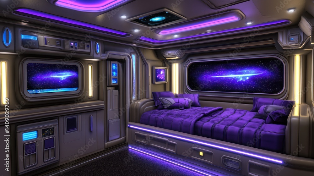 Obraz premium A futuristic bedroom interior with a purple color theme and space views