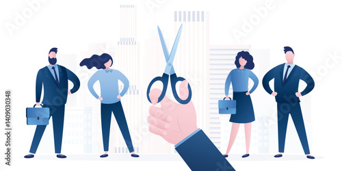 Boss threatens to staff reduction. Hand of businessman uses scissors trying to cut off troublesome human relationships or dismiss employees. Business optimisation and control.