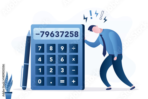 Money loss, entrepreneur or company cannot pay for debt, bankruptcy concept, poor depressed businessman standing with calculator negative numbers. Losing money in economic crisis