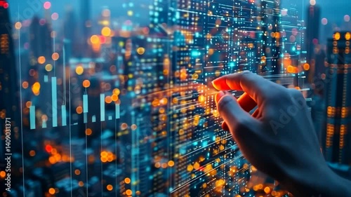 Digital Cityscape: A Hand Interacting with Futuristic Data Streams