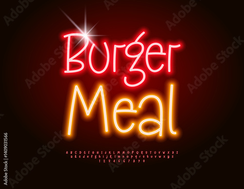 Vector Glowing signboard Burger Meal with Neon Font. Led Illumination Alphabet Letters and Numbers set