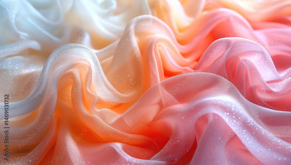 A closeup of soft, flowing fabric in pastel colors, creating an ethereal and dreamy atmosphere. The fabric is in various shades of pink, orange, and white, with gentle folds A closeup of soft, flowing fabric in pastel colors, creating an ethereal and dreamy atmosphere. The fabric is in various shades of pink, orange, and white, with gentle folds