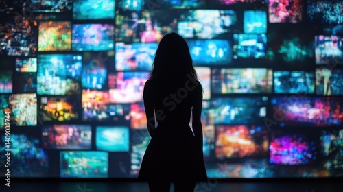 Woman silhouette stands against a wall of vibrant, colorful video screens. Use for concepts about technology, media consumption, and information overload.