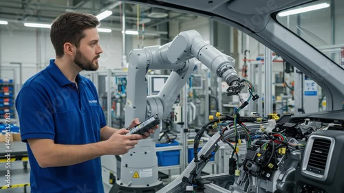 Engineer Operating Robotic Arm While Programming Electronic Systems in Modern Manufacturing Facility
