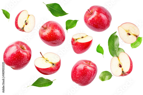 Floating apples and slices showing natural freshness and movement on a clean white background photo