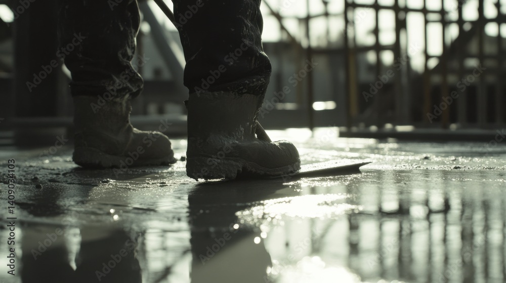 Obraz premium Concrete worker smoothing freshly poured cement on a foundation. Featuring technique and detail