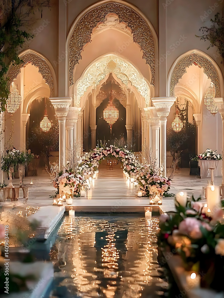 Luxurious wedding scenes in elegant natural and architectural settings, surrounded by florals, candlelight, and evolving romantic atmospheres...