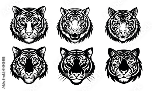 Vector set of tiger logos, face for logos, emblems, badges and labels. Isolated on white background