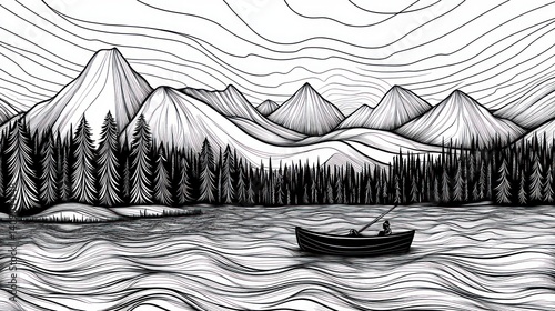 Lone boatman fishing mountain lake lines