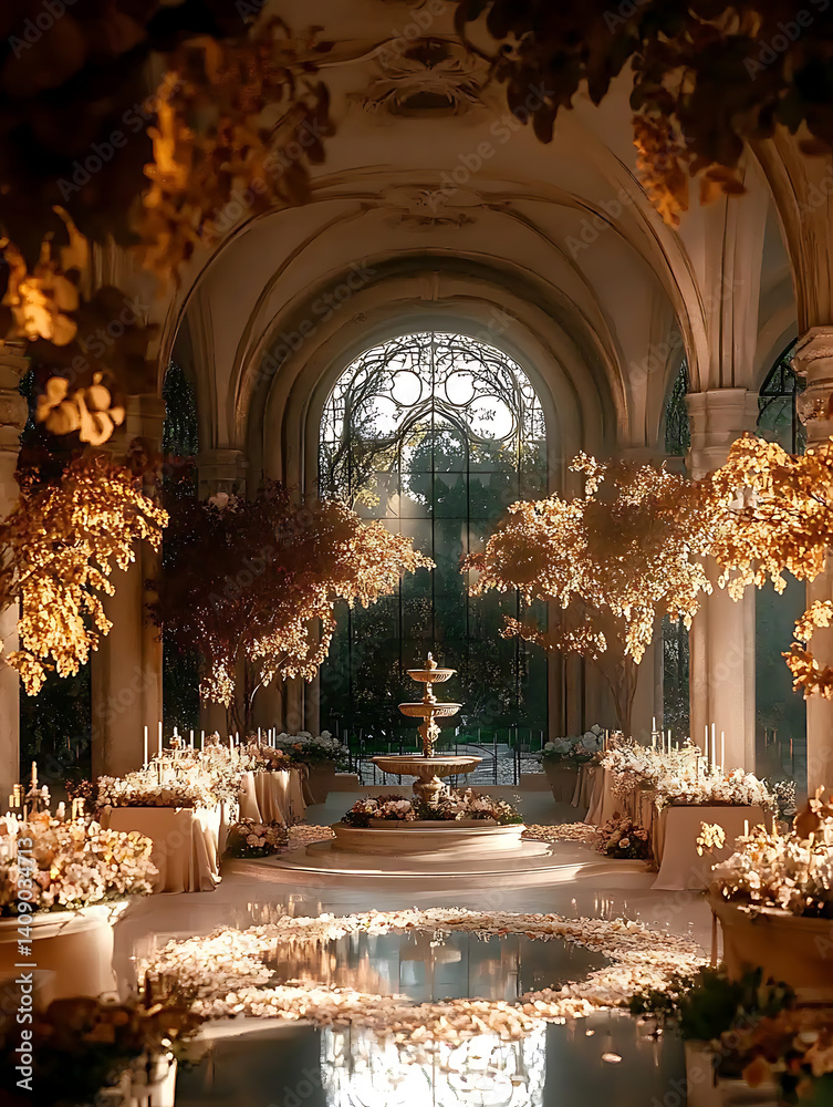Luxurious wedding scenes in elegant natural and architectural settings, surrounded by florals, candlelight, and evolving romantic atmospheres...