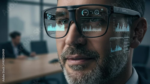 Focused Businessman Analyzing Data Through Augmented Reality Glasses in Modern Office Setting