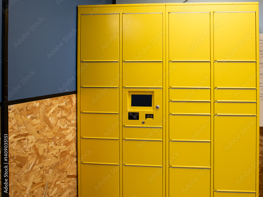 lockers yellow postal terminal delivery automat service parcel courier box form mail deliver post service concept
